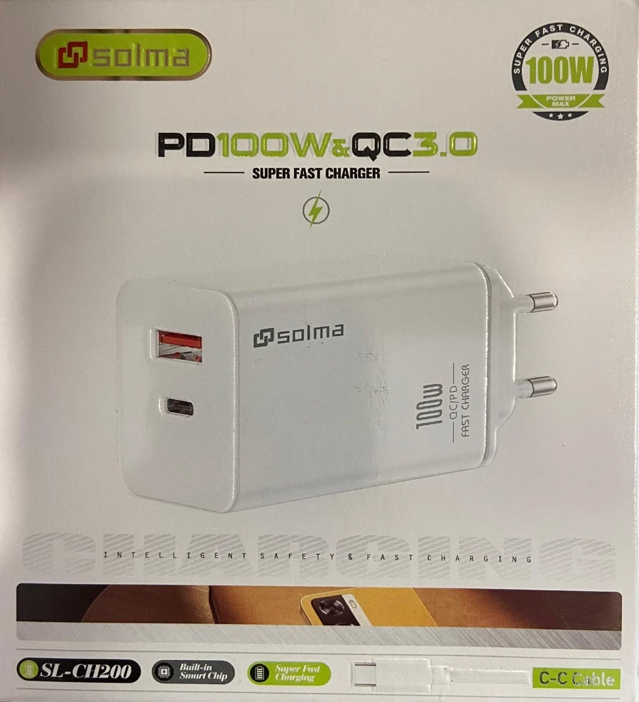 SL-CH200 CARGADOR RAPIDO USB TIPO C + TIPO A 100W + CABLE USB TIPO C