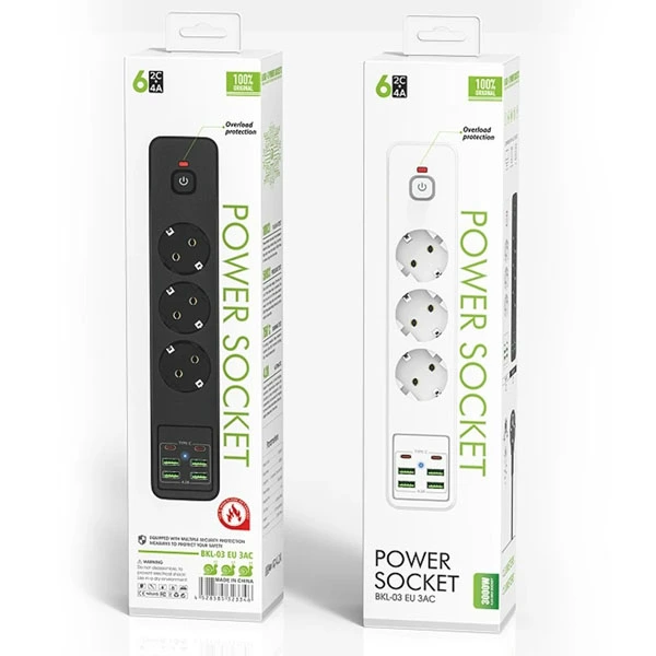 BKL-03 EU 3AC BASE DE ENCHUFES DE 3 TOMAS CON INTERRUPTOR Y PROTECCION + USB + TIPO C 2.00mtrs BLANCO