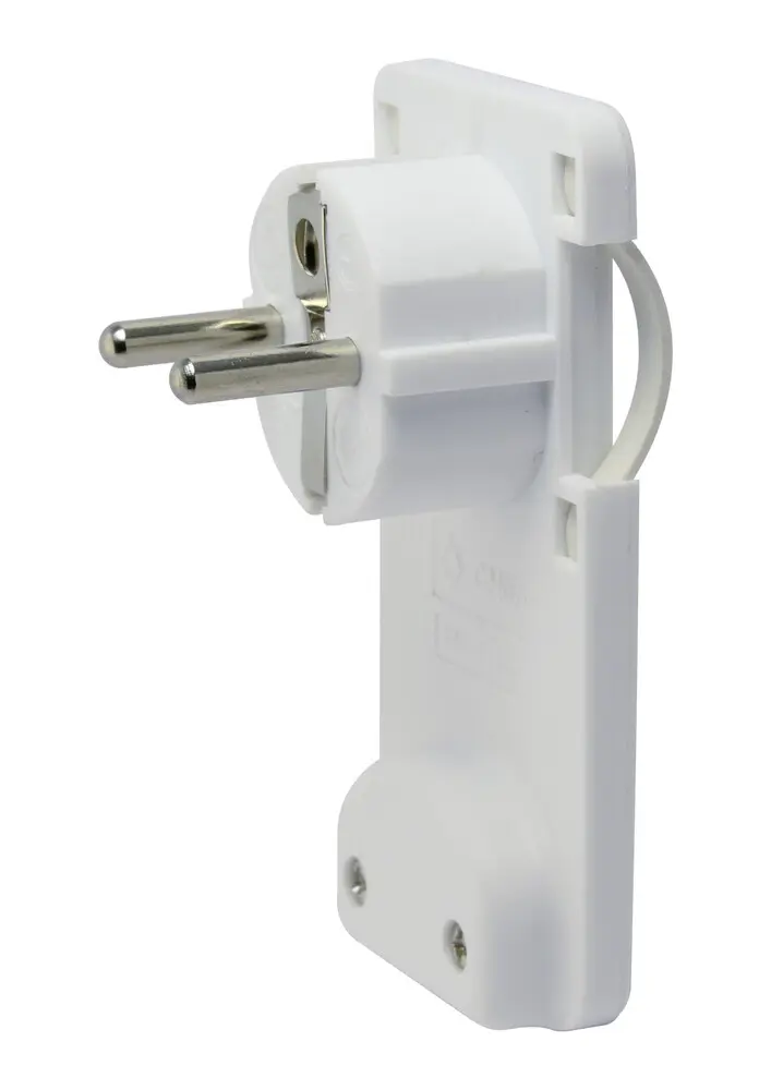 36.024/B CLAVIJA MACHO ACODADA BIPOLAR CON TOMA DE TIERRA TRASMUEBLE BLANCO